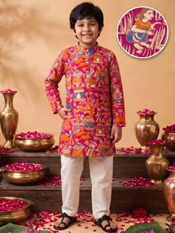 AJ Dezines - Boys Pink Floral Printed Cotton Kurta & Pyjama