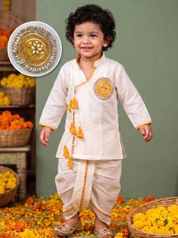 AJ Dezines - Boys Yellow Embellished Cotton Angrakha Kurta & Dhoti