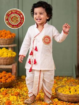 AJ Dezines - Boys Red Embellished Cotton Angrakha Kurta & Dhoti