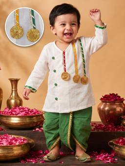 AJ Dezines - Boys White And Green Cotton Angrakha Kurta & Dhoti