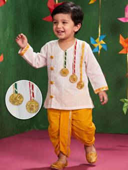 AJ Dezines - Boys White And Yellow Cotton Angrakha Kurta & Dhoti