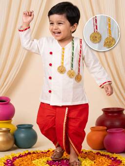 AJ Dezines - Boys White And Red Cotton Angrakha Kurta & Dhoti