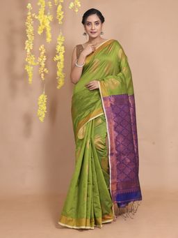 CHARUKRITI - Light Green Cotton Zari Motifs & Designs Handwoven Saree with Unstitched Blouse