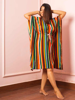 AOBA - Women Orange & Blue Striped Kaftan Nightdress