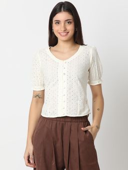 Spykar - Women White Half Sleeve Solid Regular Fit Casual Top