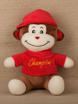 DukieKooky - Champion Monkey Plush Toy, Soft Stuffed Animal with Red T-Shirt and Cap-Red (2-6 Years)