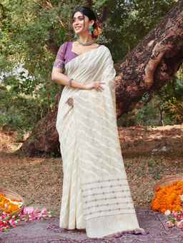 Sangam Prints - Off White Cotton Woven Work Traditional Tassels Saree with Unstitched Blouse