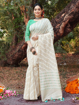 Sangam Prints - Off White Cotton Woven Work Traditional Tassels Saree with Unstitched Blouse