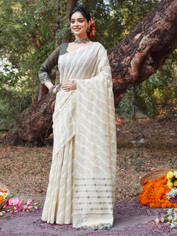 Sangam Prints - Off White Cotton Woven Work Traditional Tassels Saree with Unstitched Blouse