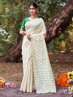 Sangam Prints - Off White Cotton Woven Work Traditional Tassels Saree with Unstitched Blouse
