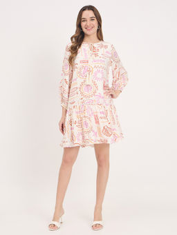 Madame - Women Cream Printed Rayon A-Line Dress