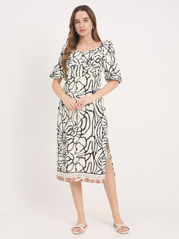 Madame - Women Off White-Black Abstract Printed Rayon Linen Midi Dress