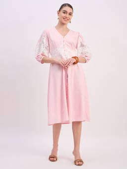Madame - Women Powder Pink Rayon Linen Midi Dress