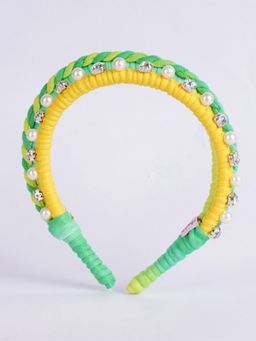 Choko - Dual Braided Embellished Lycra Hairband for Girls Yellow Green White