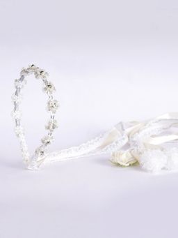 Choko - Lace Floral Beaded Hairband with Pearls & Crystals – White Silver Wedding & Festive Wear