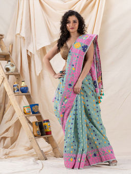Angoshobha - Traditional Eton Blue Soft Dhakai Jamdani Saree with Unstitched Blouse