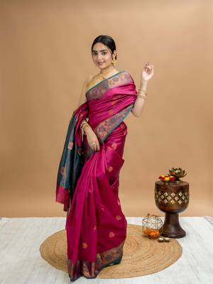 Buy Hella Fashions Fuchsia Festive Saree with Unstitched Blouse - Image 1