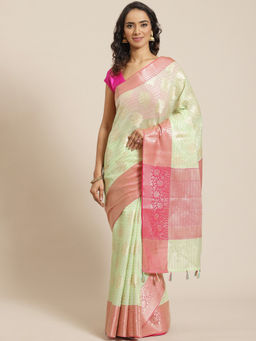 Indethnic - Banarasi Green Woven Design Work Wear Saree With Unstitched Blouse