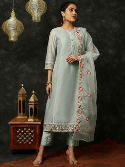 Jaipur Kurti - Blue Embroidered Art Silk Chanderi A-line Kurta with Pant & Dupatta (Set of 3)
