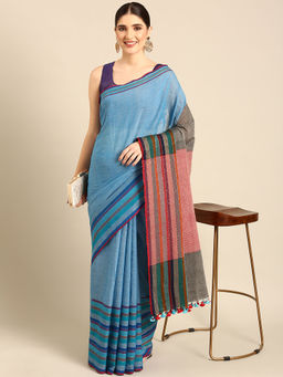 ArtEastri - Blue Handwoven Cotton Sequins Saree without Blouse