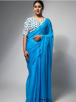 Shrithi Fashion Fab - Aqua Blue Coloured Cotton Blend Saree with Unstitched Blouse