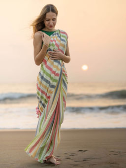 I LOVE SAREES - Ethereal Elegance Stripe Bamboo Cotton Saree with Unstitched Blouse