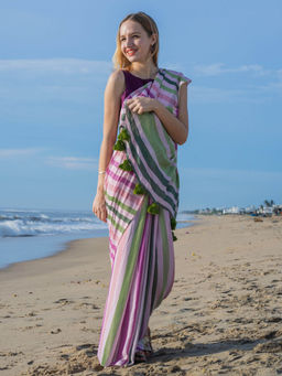 I LOVE SAREES - Blooming Enchantment Stripe Bamboo Cotton Saree with Unstitched Blouse