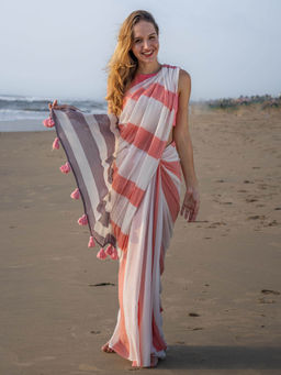 I LOVE SAREES - Soft Shadows Stripe Bamboo Cotton Saree with Unstitched Blouse