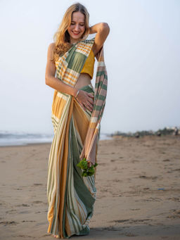 I LOVE SAREES - Champagne Charisma Stripe Bamboo Cotton Saree with Unstitched Blouse