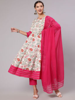 Jaipur Kurti - White & Pink Floral Printed Anarkali Kurta with Pant & Dupatta (Set of 3)