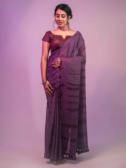 Shrithi Fashion Fab - Womens Printed Wine Cottonblend Saree with Unstitched Blouse