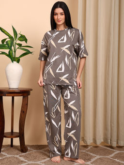 Smarty Pants - Cotton Chocolate Leaf Printed Top with Pyjama