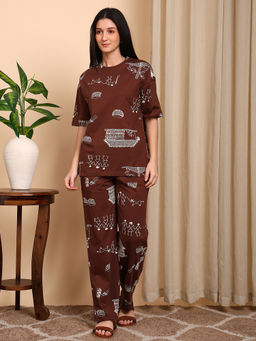 Smarty Pants - Cotton Brown Warli Art Printed Top with Pyjama