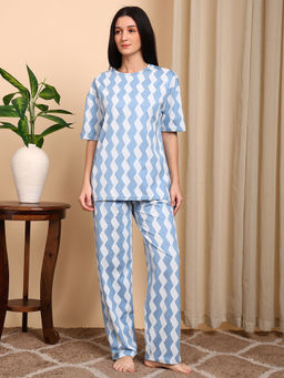 Smarty Pants - Cotton Blue Zig Zag Printed Top with Pyjama