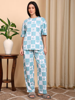 Smarty Pants - Cotton Blue Beach Theme Printed Top with Pyjama