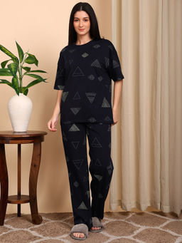 Smarty Pants - Cotton Navy Blue Triangle Printed Top with Pyjama