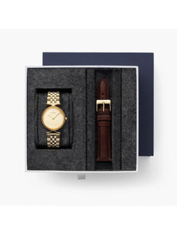 Nordgreen - Unika Bundle Polished Metal Dial Gold 5 Link Dark Brown Leather Watch Strap (Set of 2)