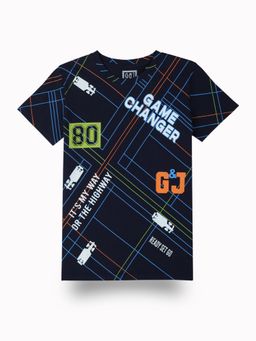 Gini & Jony - Boys Navy Blue Graphic Print Cotton T-Shirt Half Sleeves