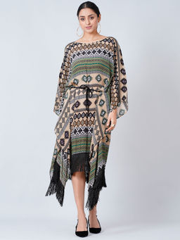 First Resort by Ramola Bachchan - Olive Green Aztec Poncho Dress (Set of 2)