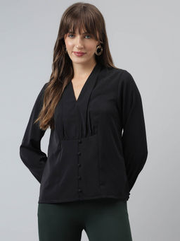 Latin Quarters - Women Solid Top Casual Full Sleeves Black Top