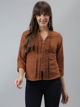 Latin Quarters - Women Solid Top Casual Three Fourth Sleeves Brown Top