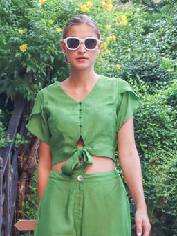 Zink London - Womens Green Solid Fitted Tie-up Top