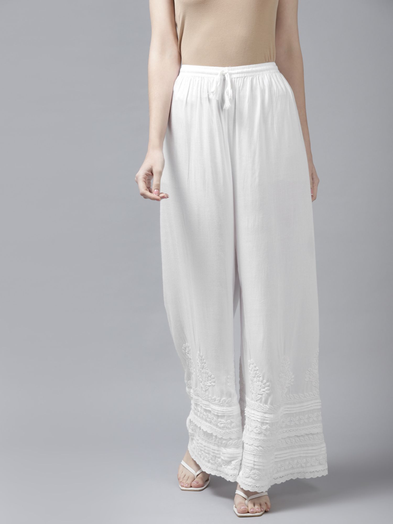 ada Hand Embroidered Lucknowi Chikankari White Rayon Palazzo-picture-35