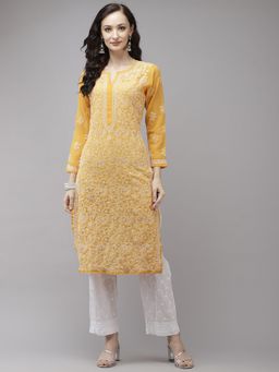 ADA - Hand Embroidered Mustard Georgette Lucknow Chikankari Kurta With Pant (Set of 2)
