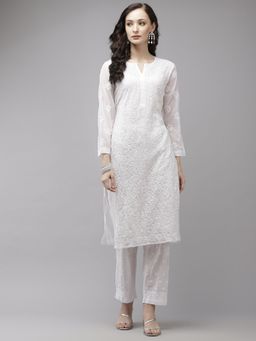 ADA - Hand Embroidered White Georgette Lucknow Chikankari Kurta With Pant (Set of 2)