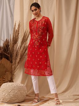 ADA - Hand Embroidered Red Georgette Lucknow Chikankari Kurta With Pant (Set of 2)
