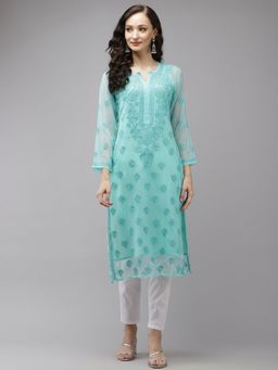 ADA - Hand Embroidered Sea Green Georgette Lucknow Chikankari Kurta With Pant (Set of 2)