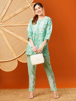 ADA - Hand Embroidered Lucknowi Printed Chanderi Sea Green Co-Ord (Set of 2)