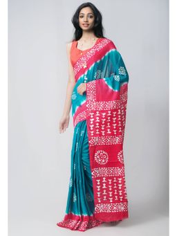 Unnati Silks - Green Pink Pure Batik Kota Cotton Saree with Unstitched Blouse