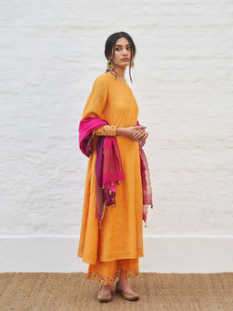 Vaaya - Tangerine Pure Silk Tissue Chander Handwork Kurta with Palazzo and Dupatta (Set of 3)